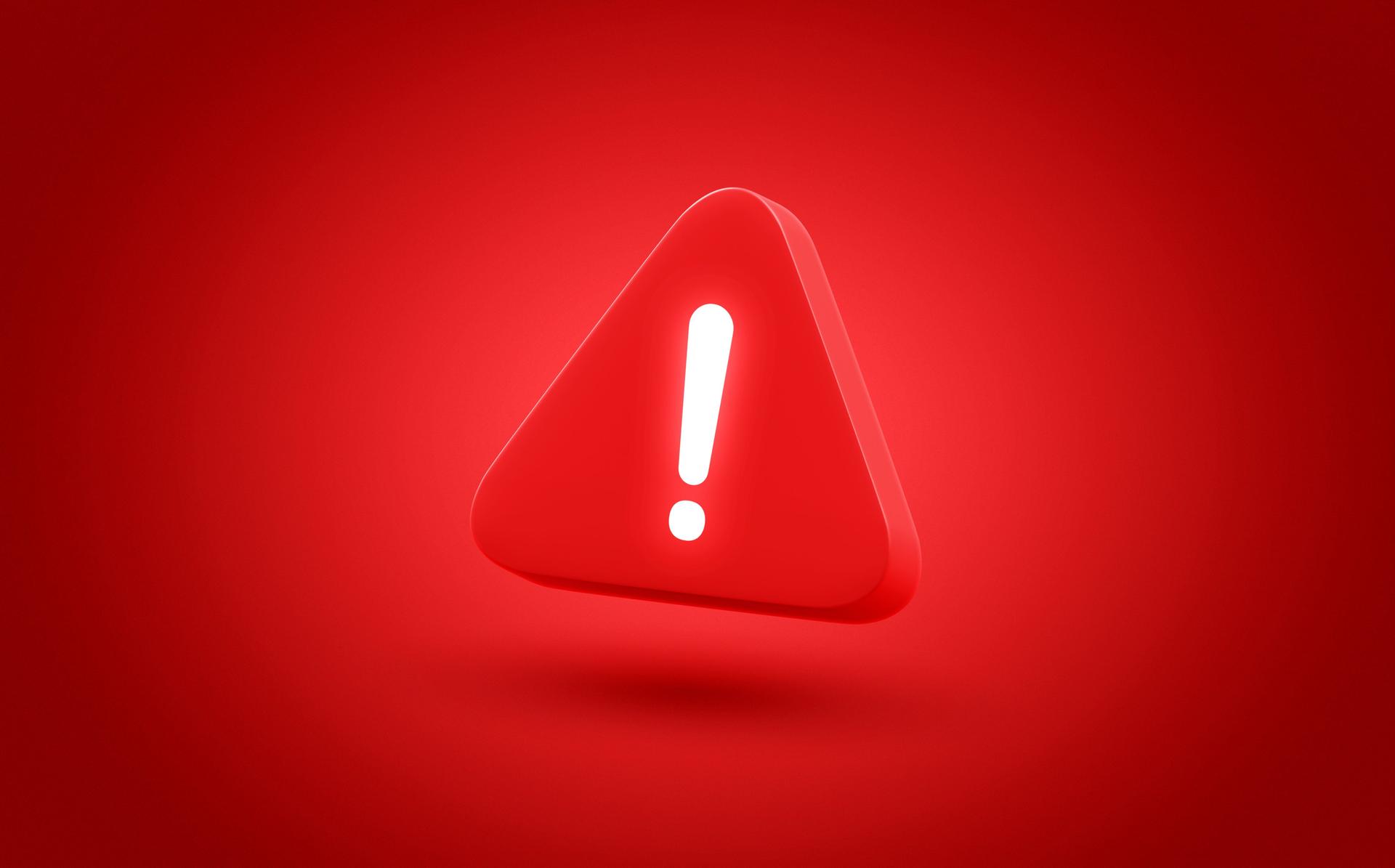 Warning sign icon 3d alert danger hazard caution safety attention emergency notification symbol on red background. Risk precaution security exclamation triangle message traffic signal alarm accident.